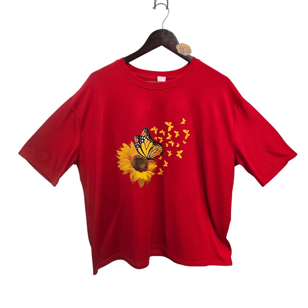 Womens Red Sunflower Monarch Butterfly Graphic T-Shirt Short Sleeve Red XL